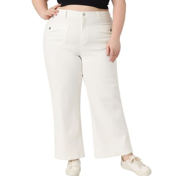 Plus Size Wide Leg Washed Stretch With Pockets Palazzo Pants Denim Jeans White - Picture 1 of 5